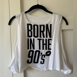 White Sleeveless Crop Top with Black Text